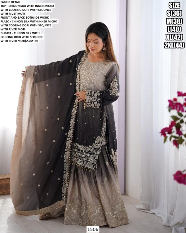 Sharara Style Salwar Kameez In Ombre Shades And Embroidered Chinon Silk