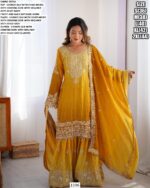 Sharara Style Salwar Kameez In Ombre Shades And Embroidered Chinon Silk