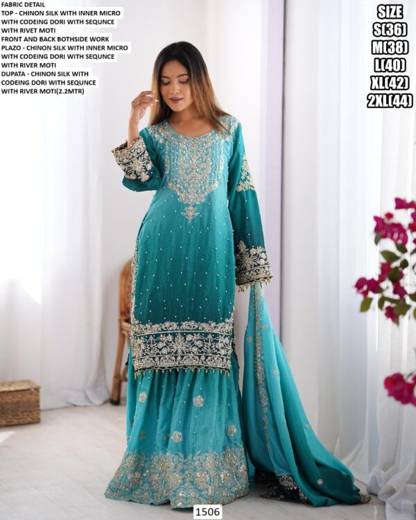 Sharara Style Salwar Kameez In Ombre Shades And Embroidered Chinon Silk