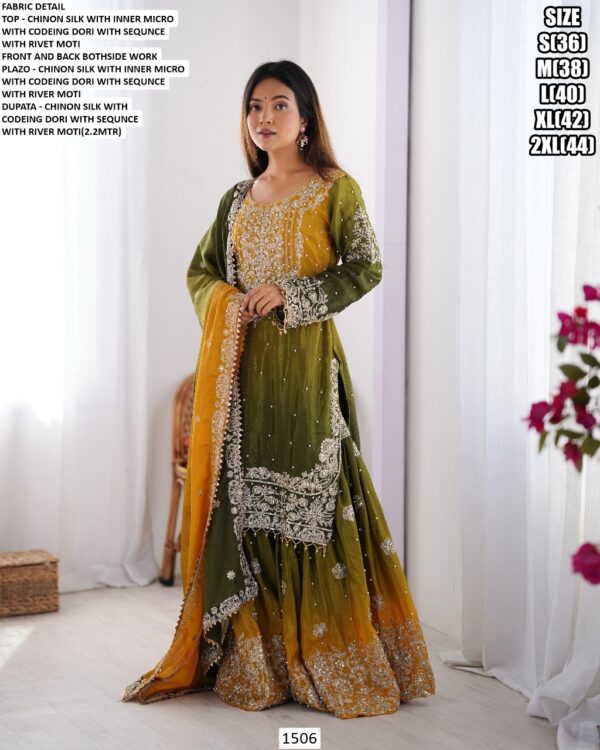 Sharara Style Salwar Kameez In Ombre Shades And Embroidered Chinon Silk