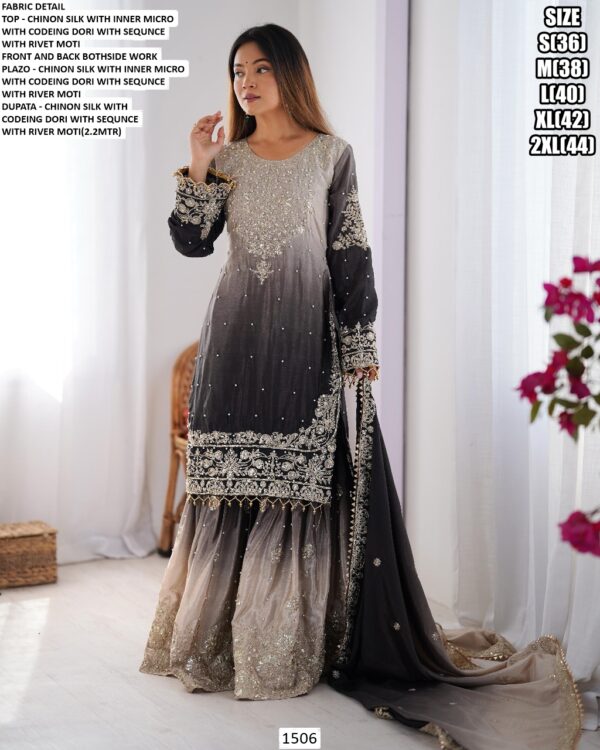 Sharara Style Salwar Kameez In Ombre Shades And Embroidered Chinon Silk