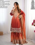 Sharara Style Salwar Kameez In Ombre Shades And Embroidered Chinon Silk