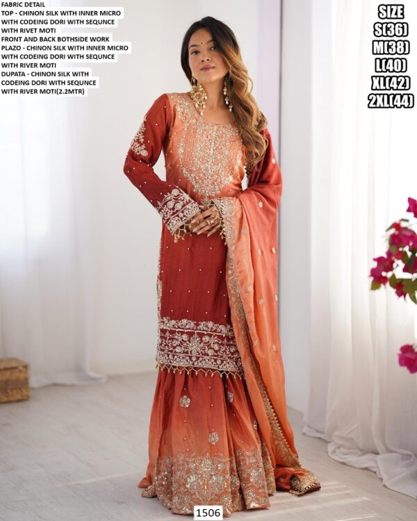 Sharara Style Salwar Kameez In Ombre Shades And Embroidered Chinon Silk