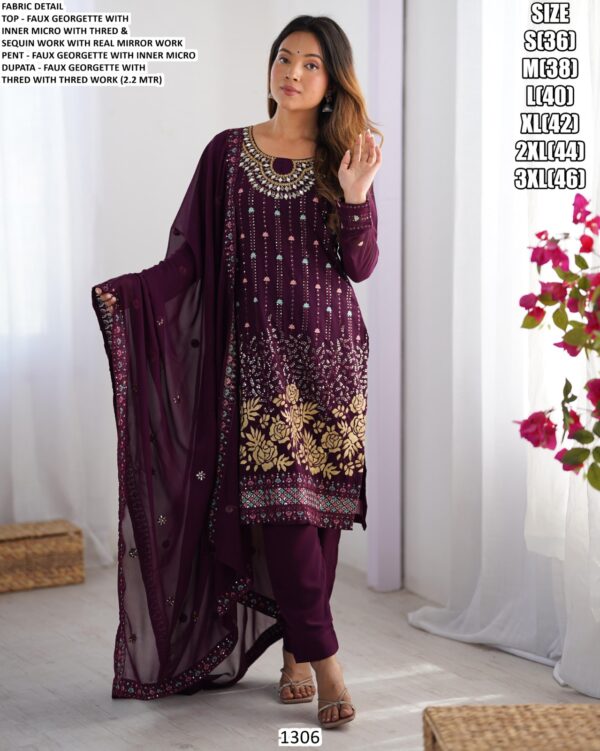 Faux Georgette Readymade Style Salwar Suits With Embroidered, Mirror, Sequins And Thread Work
