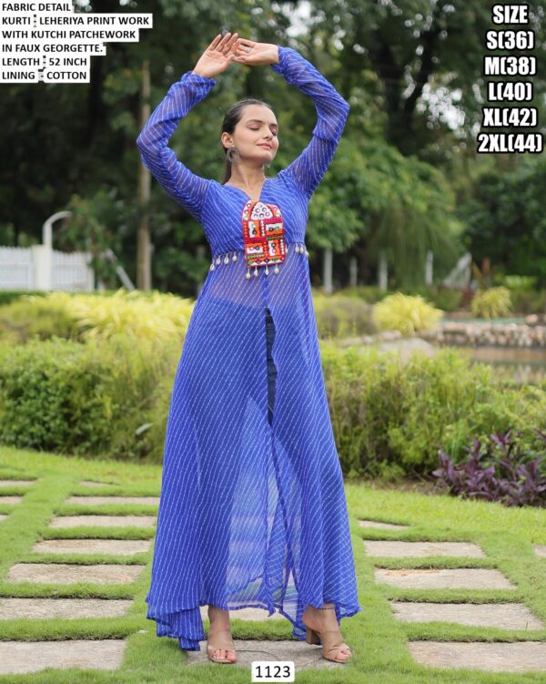 Navratri Special Georgette Leheriya Print Work With Kutchi Patch Work Kurtis