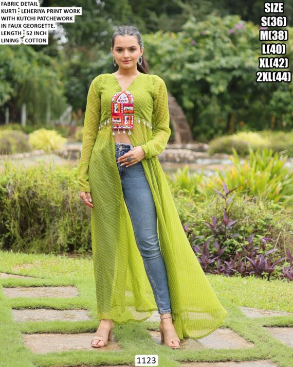 Navratri Special Georgette Leheriya Print Work With Kutchi Patch Work Kurtis