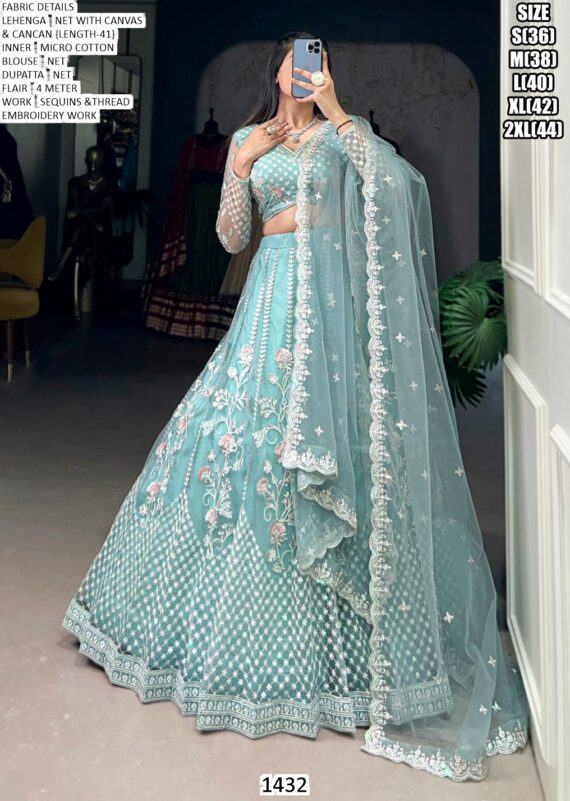 Engagement Special! Awesome Thread Embroidered Sky Blue Net Lehenga Choli