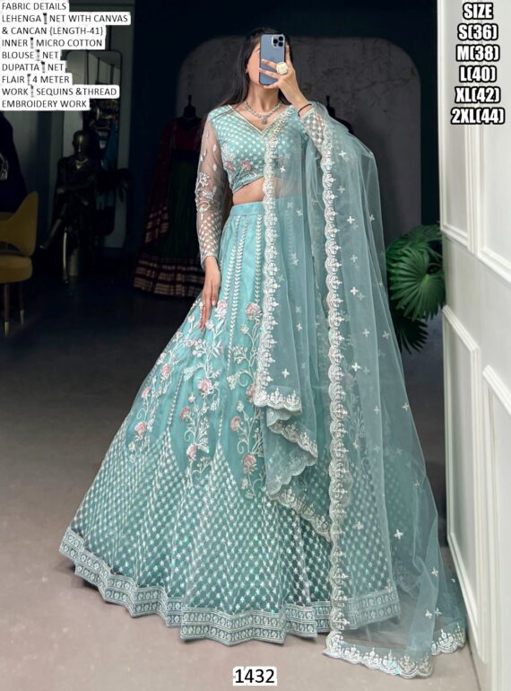 Engagement Special! Awesome Thread Embroidered Sky Blue Net Lehenga Choli