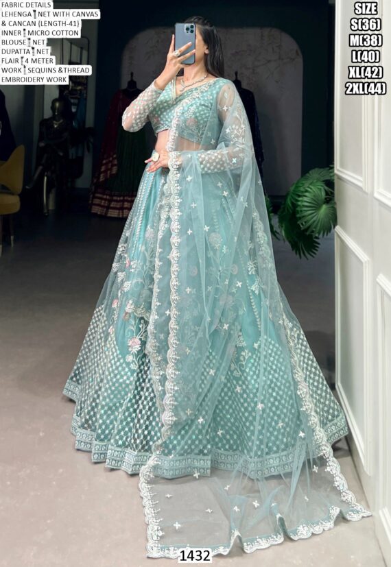 Engagement Special! Awesome Thread Embroidered Sky Blue Net Lehenga Choli