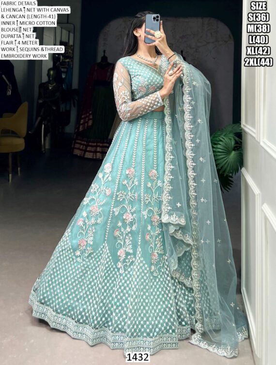 Engagement Special! Awesome Thread Embroidered Sky Blue Net Lehenga Choli