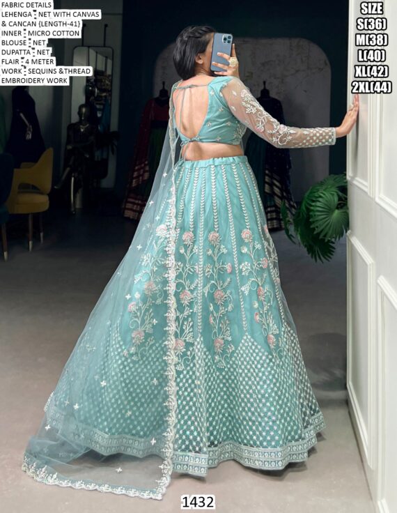 Engagement Special! Awesome Thread Embroidered Sky Blue Net Lehenga Choli