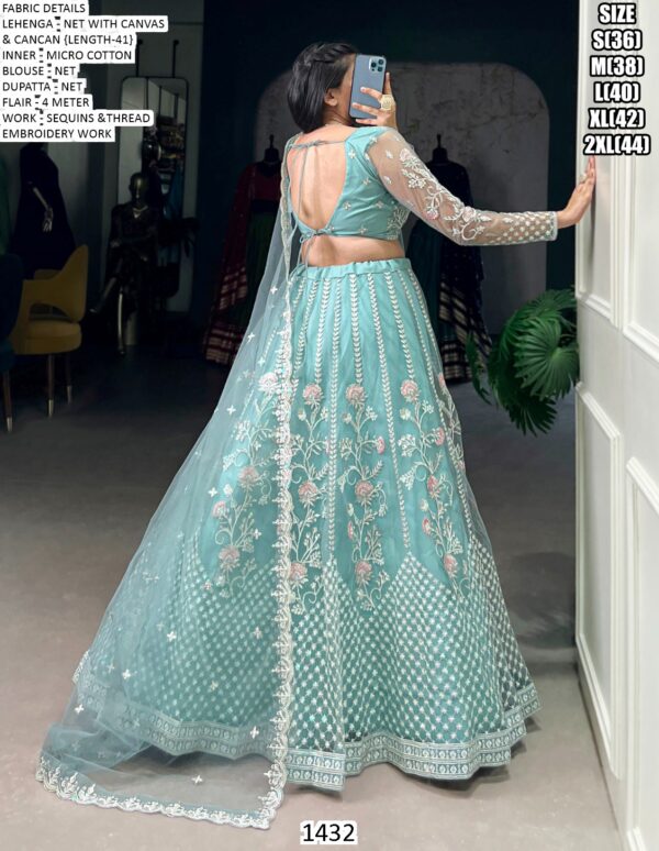 Engagement Special! Awesome Thread Embroidered Sky Blue Net Lehenga Choli