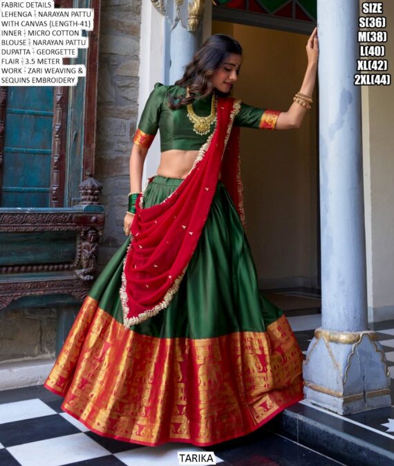 South Indian Style Lehenga Choli Narayana Pattu With Zari Weaving Work