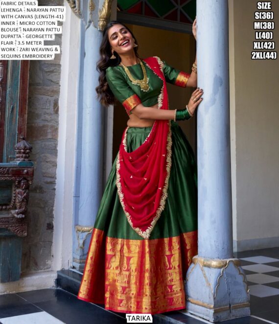 South Indian Style Lehenga Choli Narayana Pattu With Zari Weaving Work