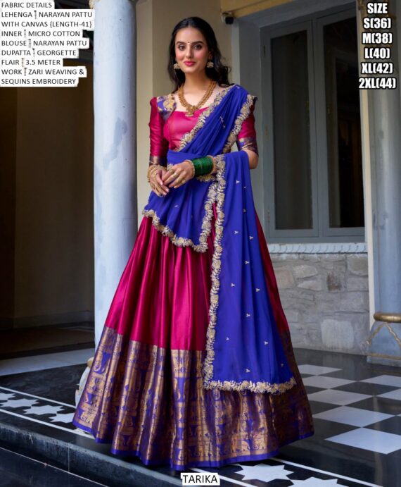 South Indian Style Lehenga Choli Narayana Pattu With Zari Weaving Work