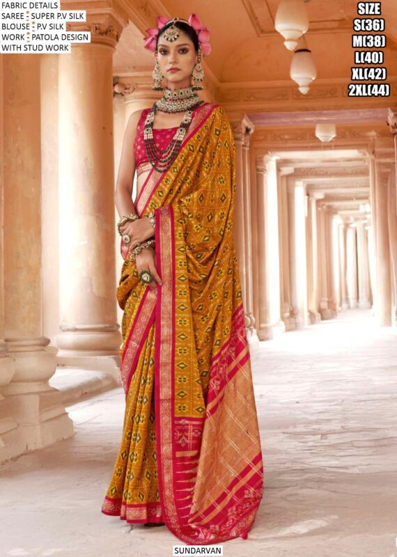 Classic Super Silk Stud Work With Patola Design Sarees For Festivals