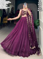 Wedding Wear Wine Organza Plain Lehenga With Designer Blouse