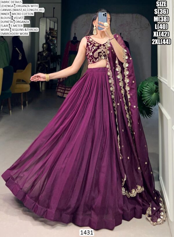 Wedding Wear Wine Organza Plain Lehenga With Designer Blouse