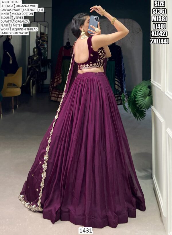 Wedding Wear Wine Organza Plain Lehenga With Designer Blouse
