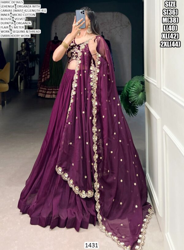 Wedding Wear Wine Organza Plain Lehenga With Designer Blouse