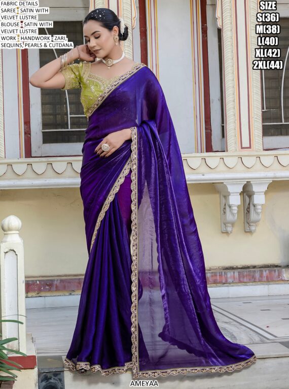 Satin Velvet Lustre Saree Adorned With Handcrafted Sequins, Cutdana And Pearl Embellishments