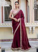 Satin Velvet Lustre Saree Adorned With Handcrafted Sequins, Cutdana And Pearl Embellishments