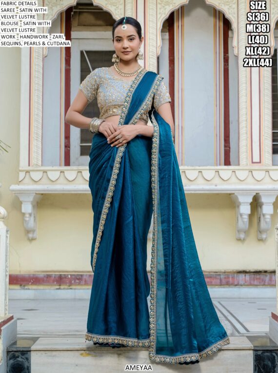 Satin Velvet Lustre Saree Adorned With Handcrafted Sequins, Cutdana And Pearl Embellishments