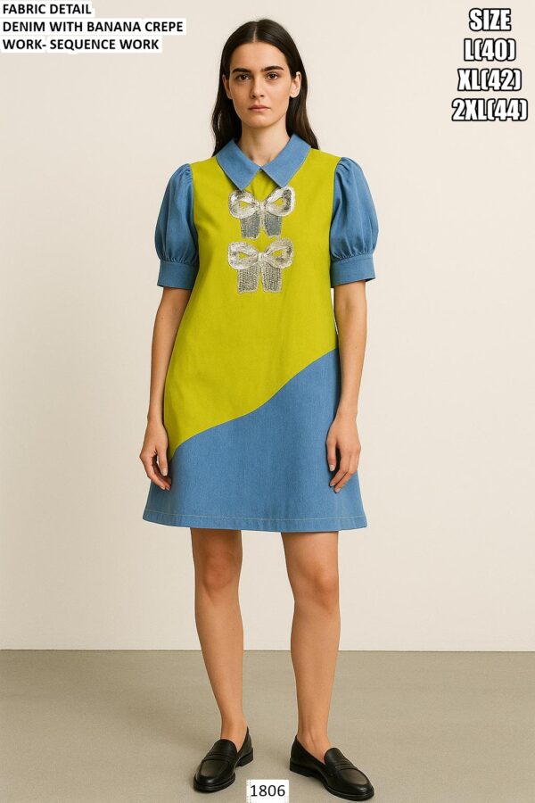 Denim Banana Crape Party Wear One Piece Dress With Sequins Work