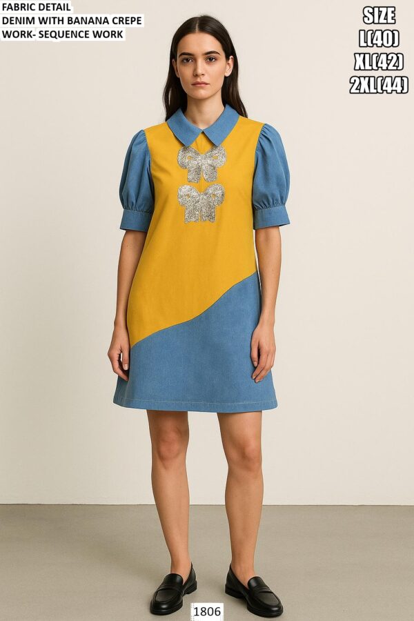 Denim Banana Crape Party Wear One Piece Dress With Sequins Work