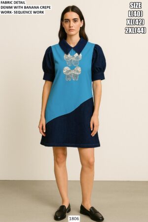 Denim Banana Crape Party Wear One Piece Dress With Sequins Work