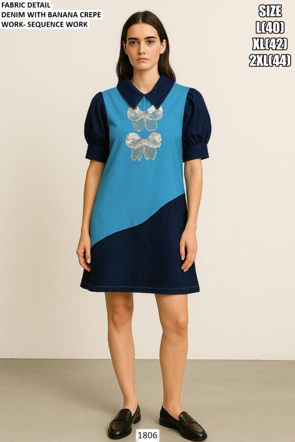 Denim Banana Crape Party Wear One Piece Dress With Sequins Work