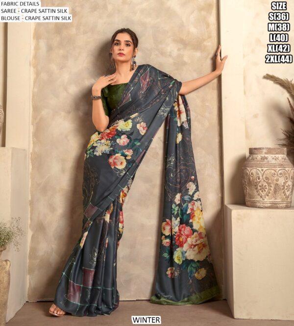 Multicolour Printed Satin Crape Silk Party Wear Un-Stitched Blouse With Saree