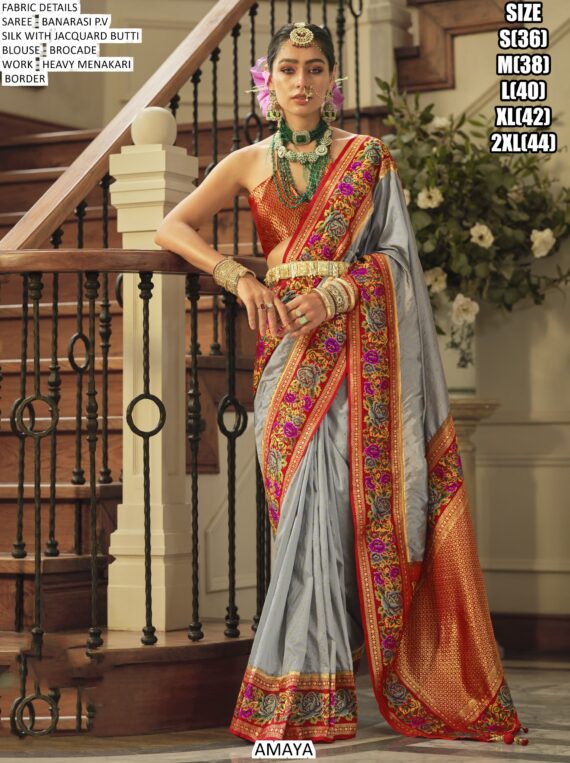 Heavy Meenakari Worked Banarasi P.V Silk Sarees – Perfect For Weddings And Grand Celebrations