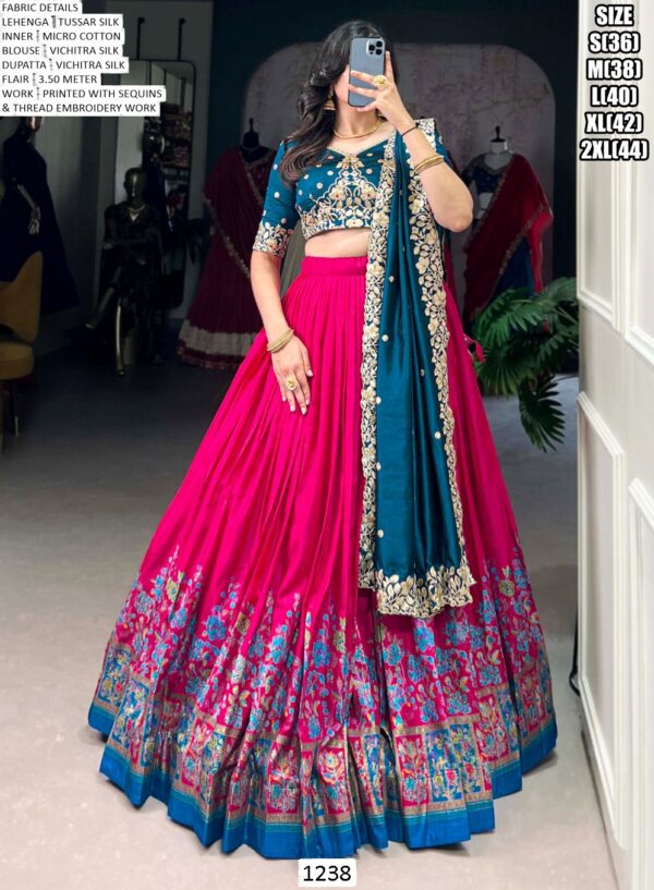 Women's Wedding Special Tussar Silk Floral Printed Lehenga With Embroidered Blouse