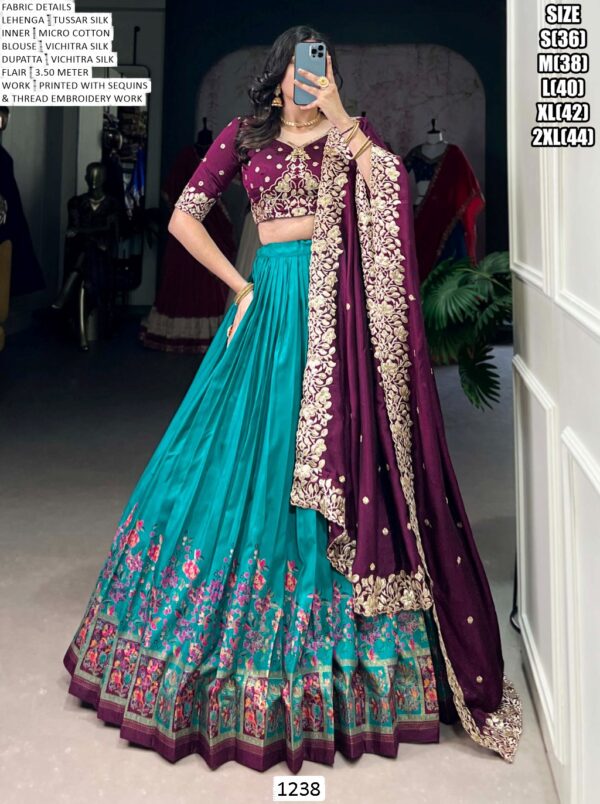 Women's Wedding Special Tussar Silk Floral Printed Lehenga With Embroidered Blouse