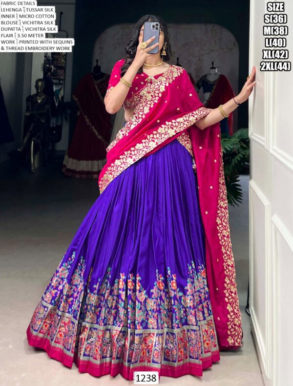 Women's Wedding Special Tussar Silk Floral Printed Lehenga With Embroidered Blouse