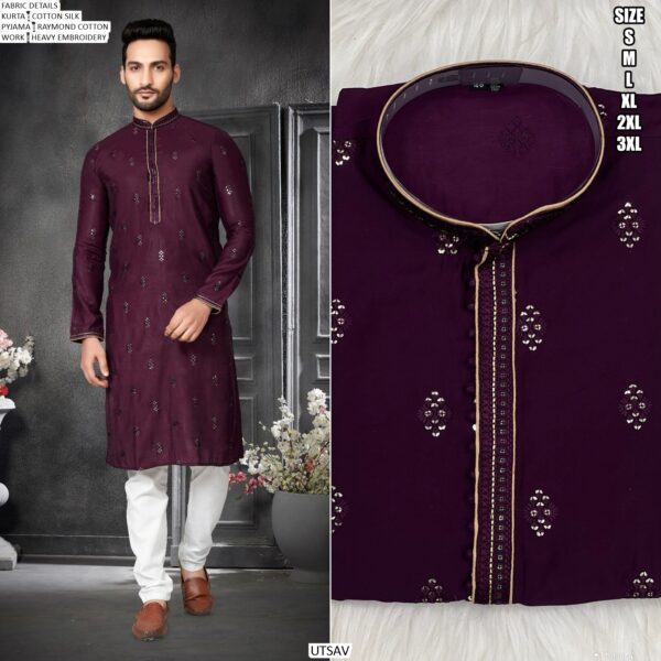 Function Wear Men's Heavy Cotton Silk Butti Work Kurta Pyjama Sets In Four Colours
