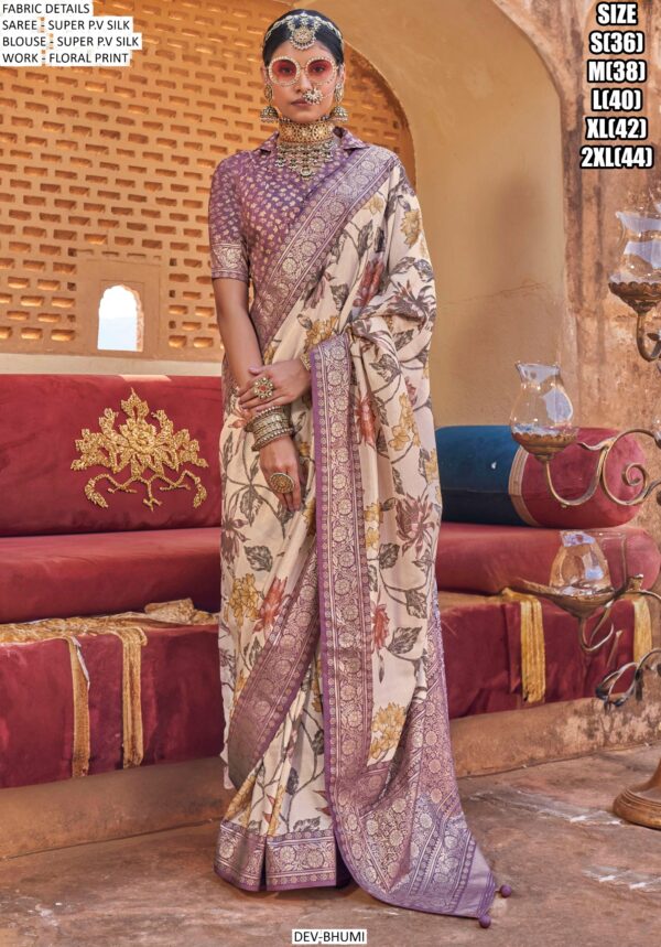 Elegant Shine! Super P.V Silk Floral Printed Sarees With Un-Stitched Blouse