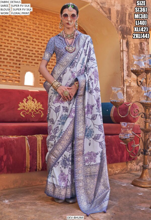Elegant Shine! Super P.V Silk Floral Printed Sarees With Un-Stitched Blouse