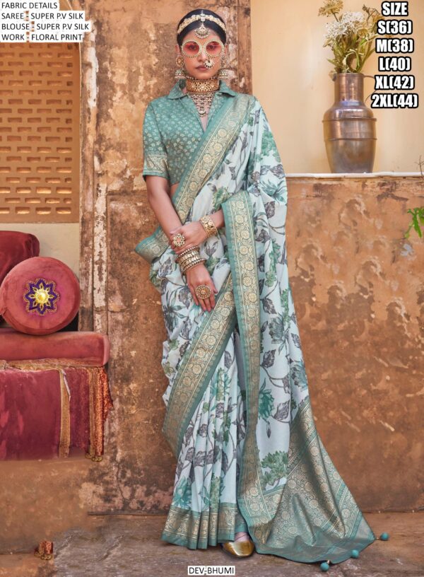 Elegant Shine! Super P.V Silk Floral Printed Sarees With Un-Stitched Blouse