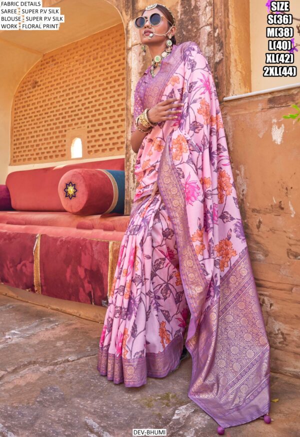 Elegant Shine! Super P.V Silk Floral Printed Sarees With Un-Stitched Blouse