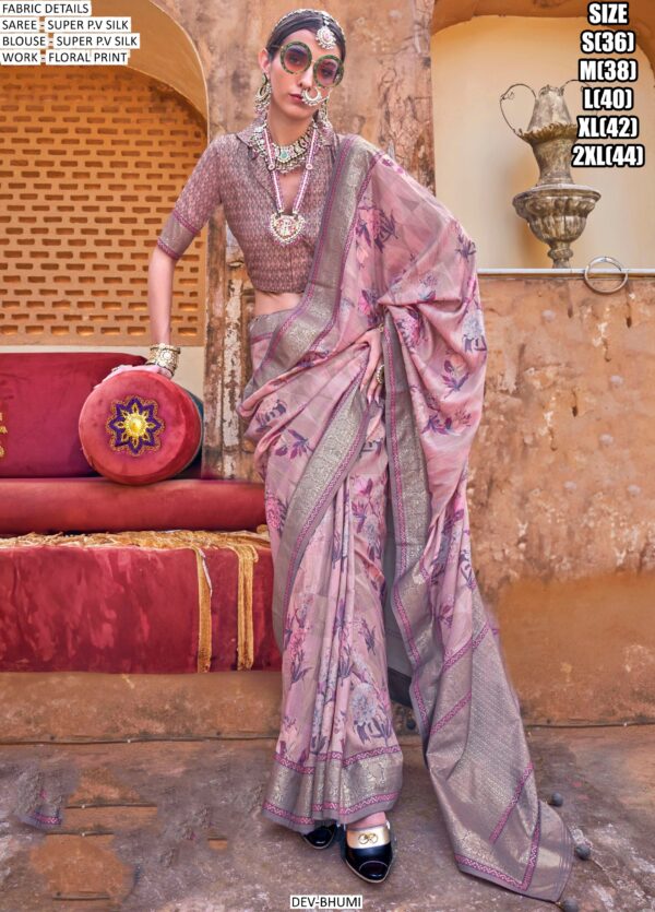 Elegant Shine! Super P.V Silk Floral Printed Sarees With Un-Stitched Blouse