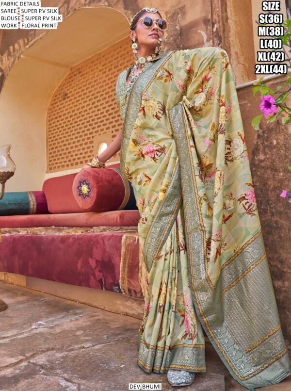 Elegant Shine! Super P.V Silk Floral Printed Sarees With Un-Stitched Blouse