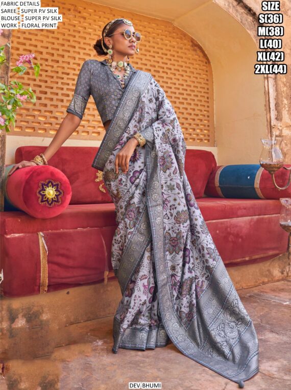 Elegant Shine! Super P.V Silk Floral Printed Sarees With Un-Stitched Blouse
