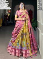 Spectacular Kalamkari Printed With Zari Weaving Border Dola Silk Lehenga Choli