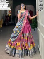 Spectacular Kalamkari Printed With Zari Weaving Border Dola Silk Lehenga Choli