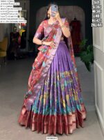 Spectacular Kalamkari Printed With Zari Weaving Border Dola Silk Lehenga Choli