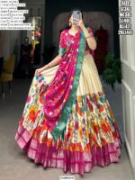 Spectacular Kalamkari Printed With Zari Weaving Border Dola Silk Lehenga Choli