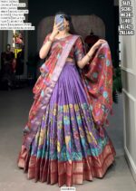 Spectacular Kalamkari Printed With Zari Weaving Border Dola Silk Lehenga Choli