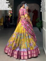 Spectacular Kalamkari Printed With Zari Weaving Border Dola Silk Lehenga Choli